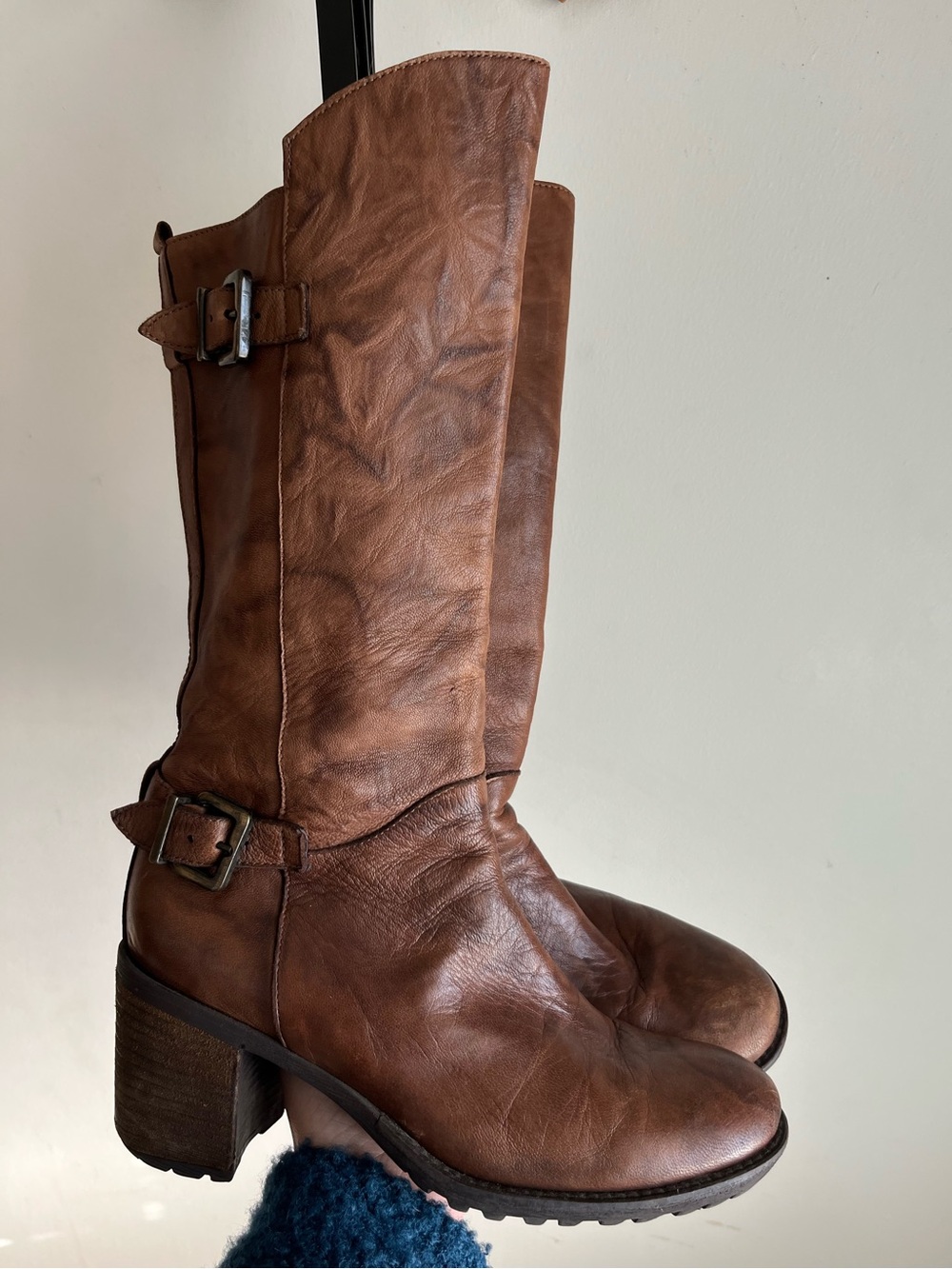 FRAU Italy Distressed Brown Leather Knee High Moto Boots EU 38 US 7.5 8